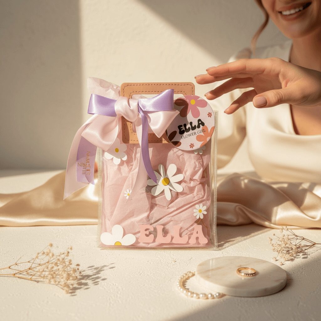 A gift bag decorated with daisies and a purple ribbon, placed on a table with jewelry and dried flowers, with a smiling person nearby.