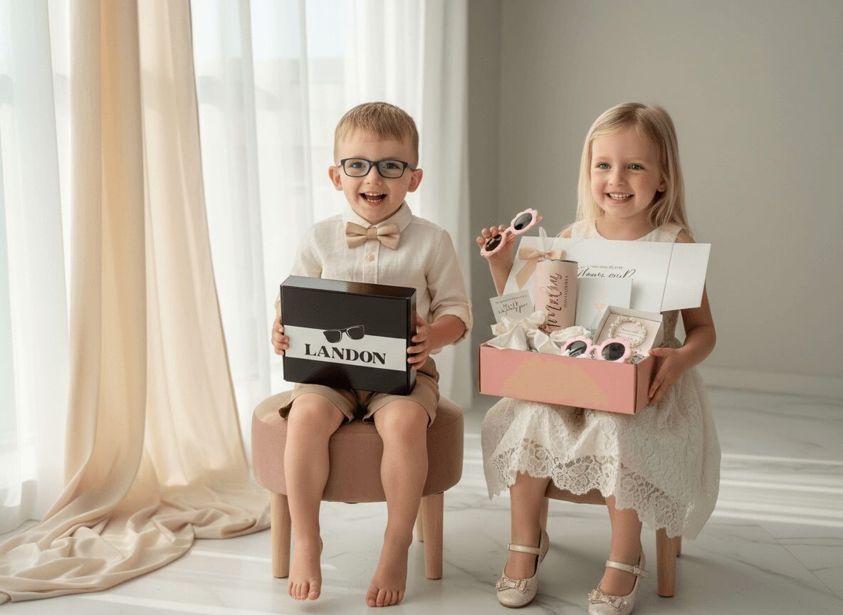 Two children, a boy and a girl, sitting on a stool with gifts, smiling in a bright room with curtains.
