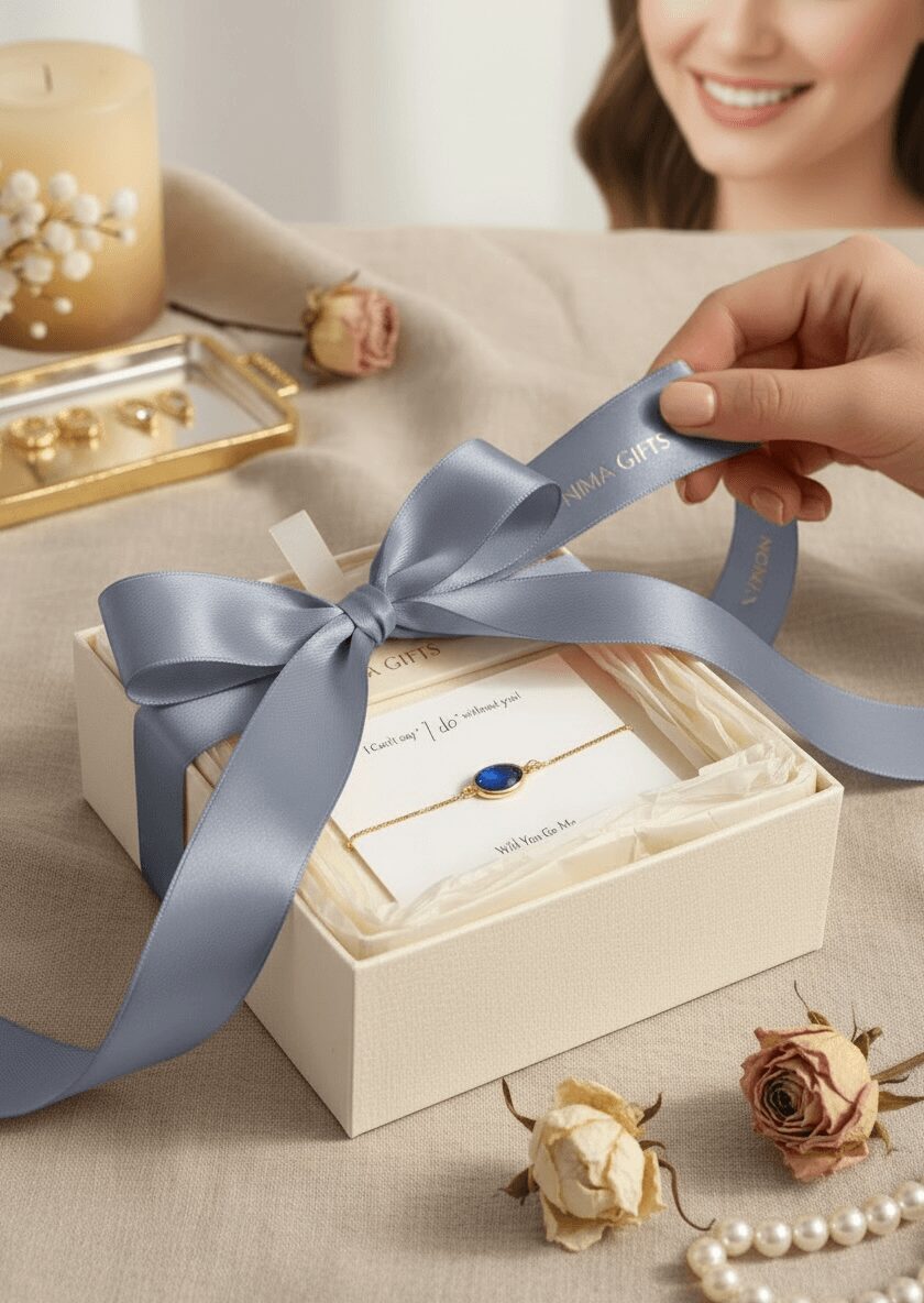 Person opening a gift box with a gray ribbon, surrounded by dried roses and pearls, smiling in the background.