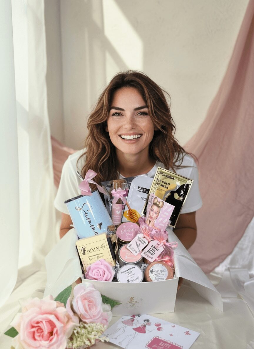 Smiling woman with wavy hair holding a gift box filled with skincare and beauty products, in a bright room with curtains.