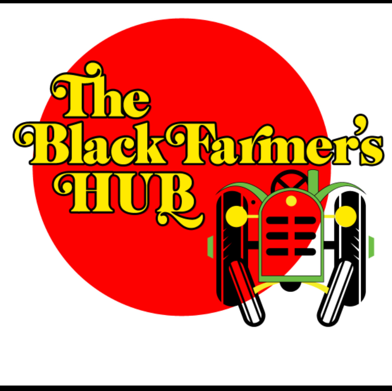 Logo with red circle, yellow and black text, and a stylized robot with headphones, representing The Black Farmer's HUB.