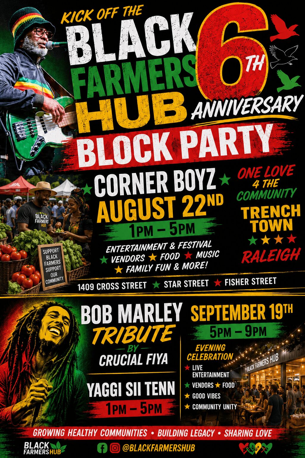 Event poster celebrating Black Farmers Hub 6th anniversary with music, food, and community activities on August 22 and September 19.