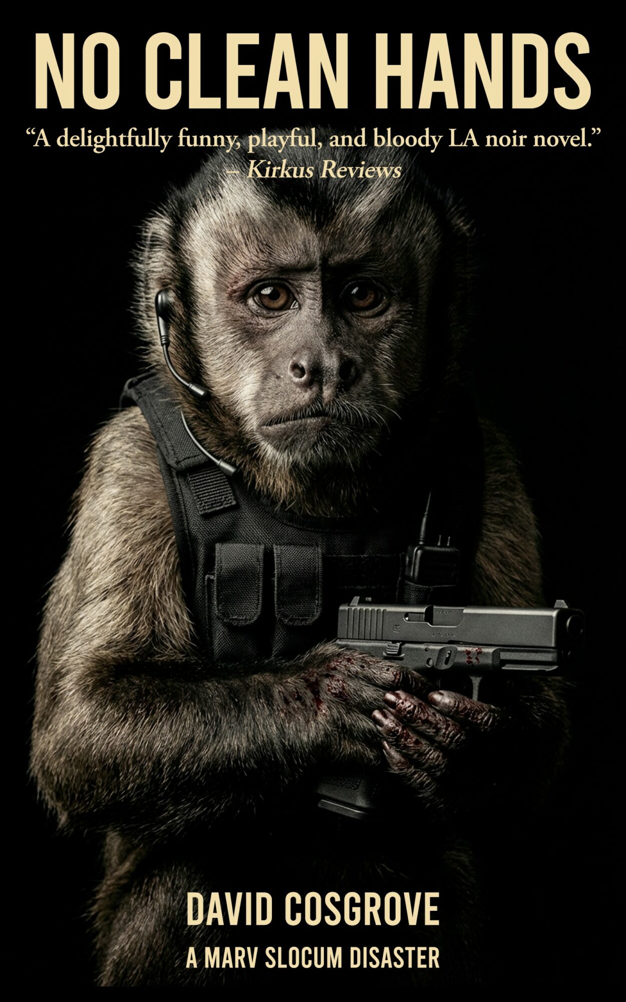 A dog with a human-like face holding a gun, wearing a tactical vest, with text about a book titled 'No Clean Hands'.