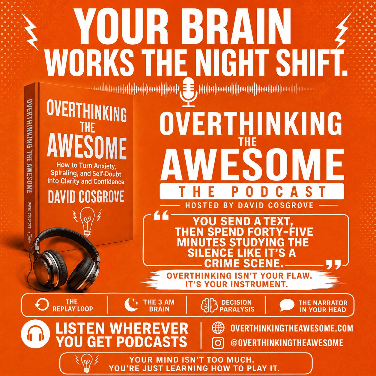 Promotional poster for a podcast about overthinking, featuring a book cover, headphones, and text about brain and night shift. Word count: 20.