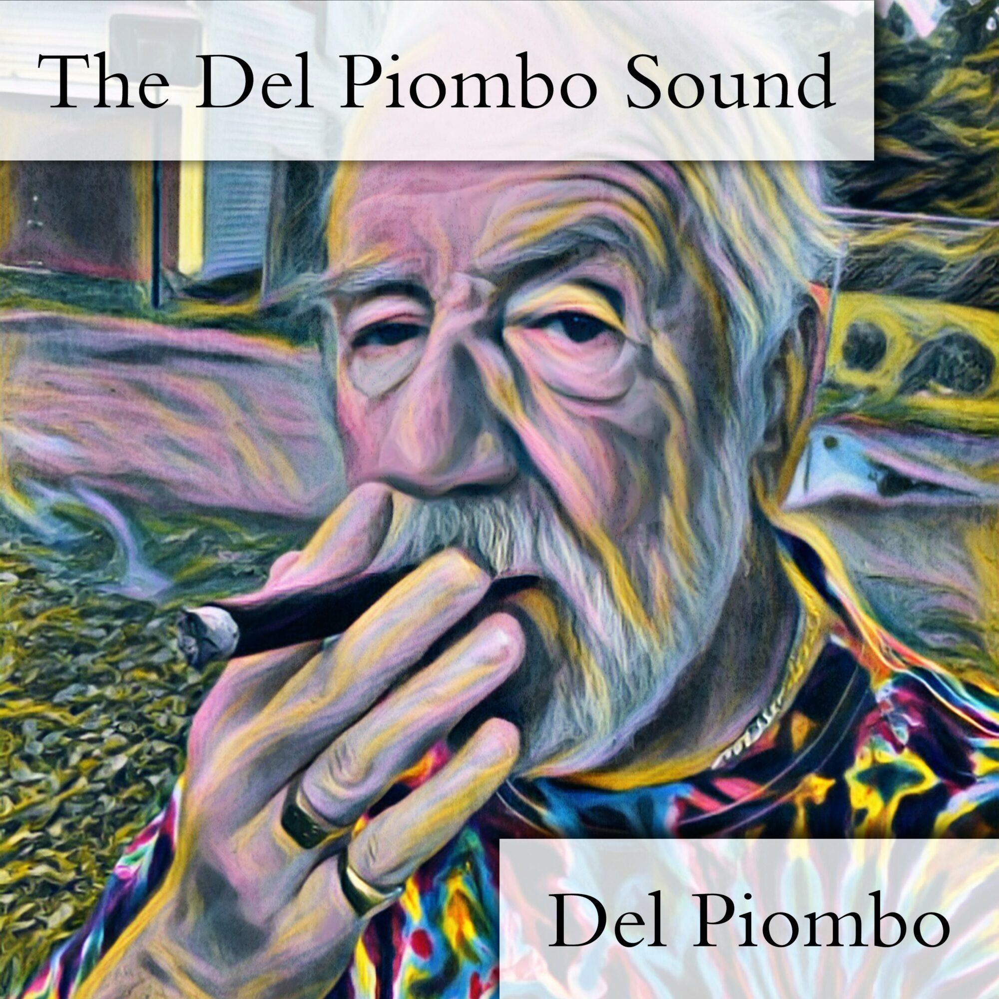 Portrait of an elderly man with a beard smoking a cigar, colorful background, text overlay with artist's name.