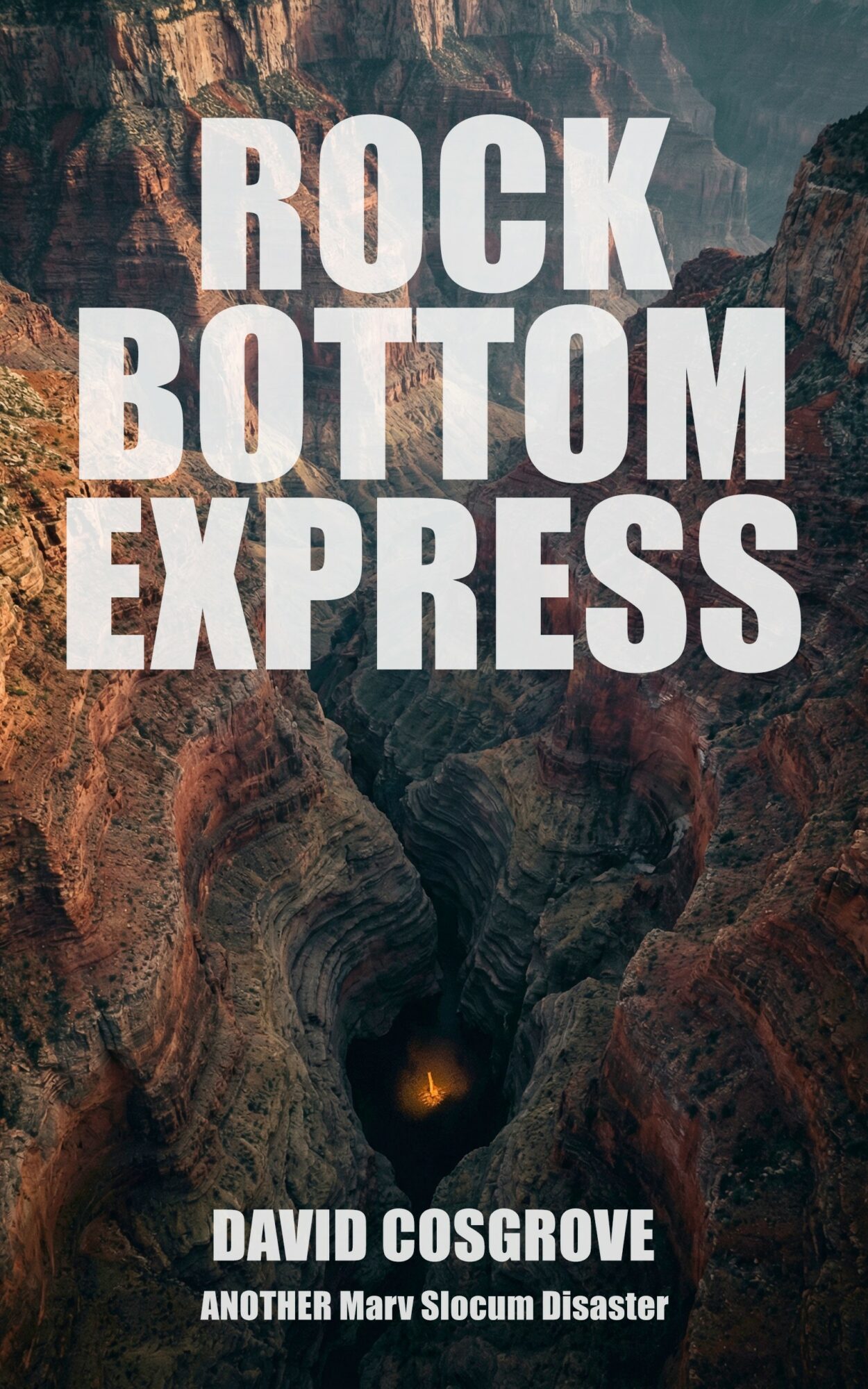 Book cover with a canyon background and bold white text reading 'Rock Bottom Express' and author's name, David Cosgrove.