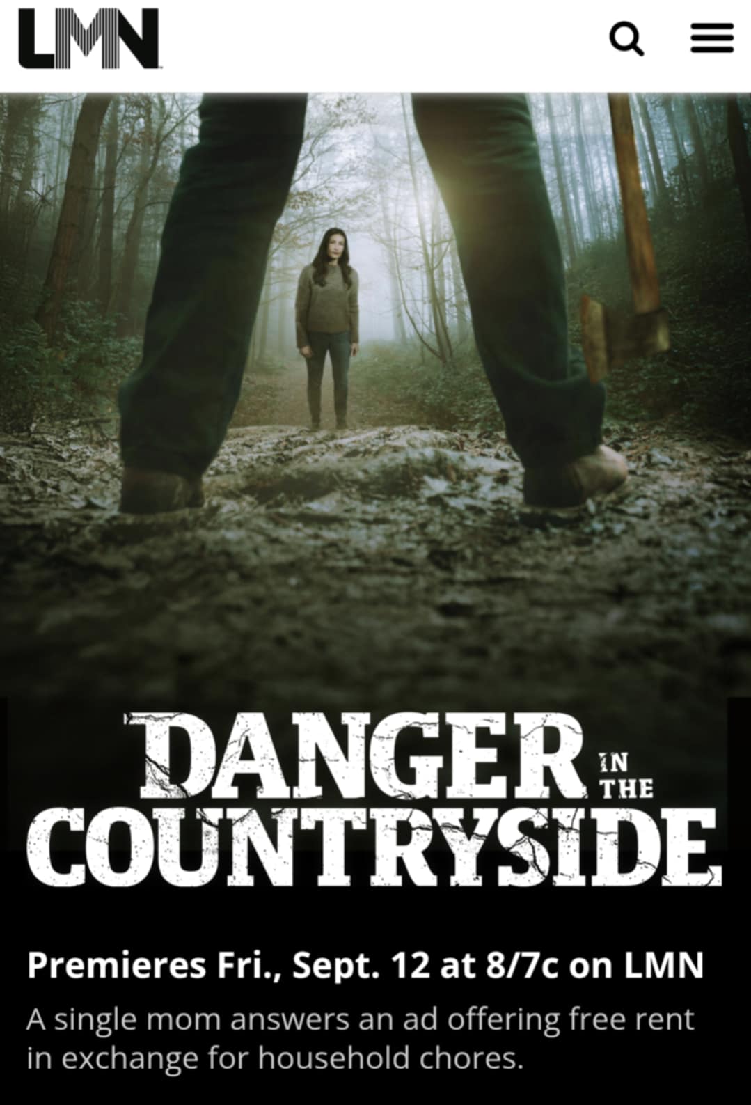 Person standing in a forest with large tree trunks in the foreground, foggy background, and text about a TV show premiere.