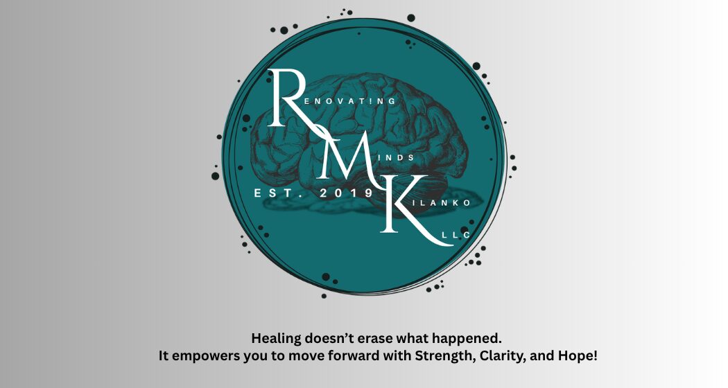 Logo with initials R, M, K, and L inside a teal circle, with text about healing and empowerment below.