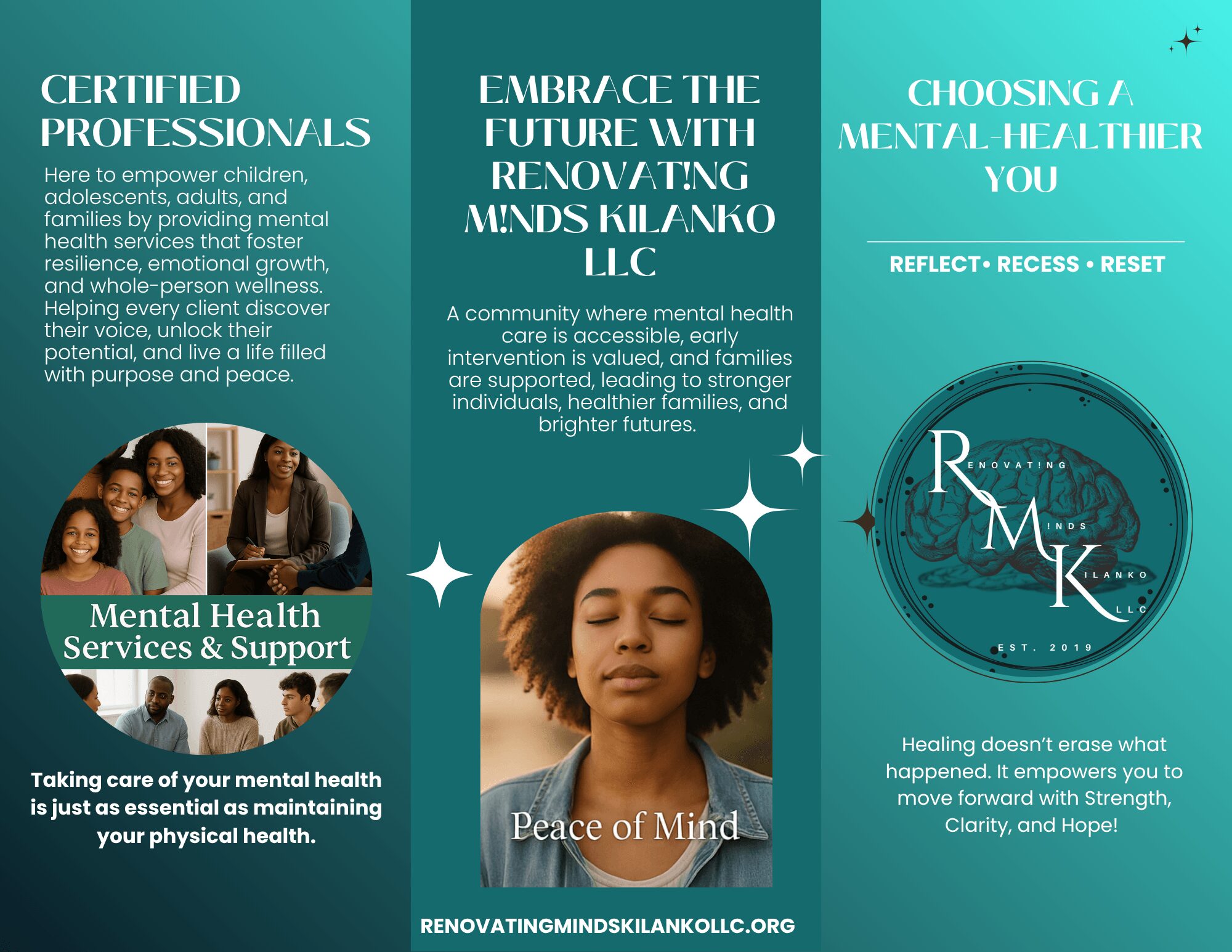 Three sections with text and images promoting mental health services, a woman meditating, and a logo with stars, all on a teal background.