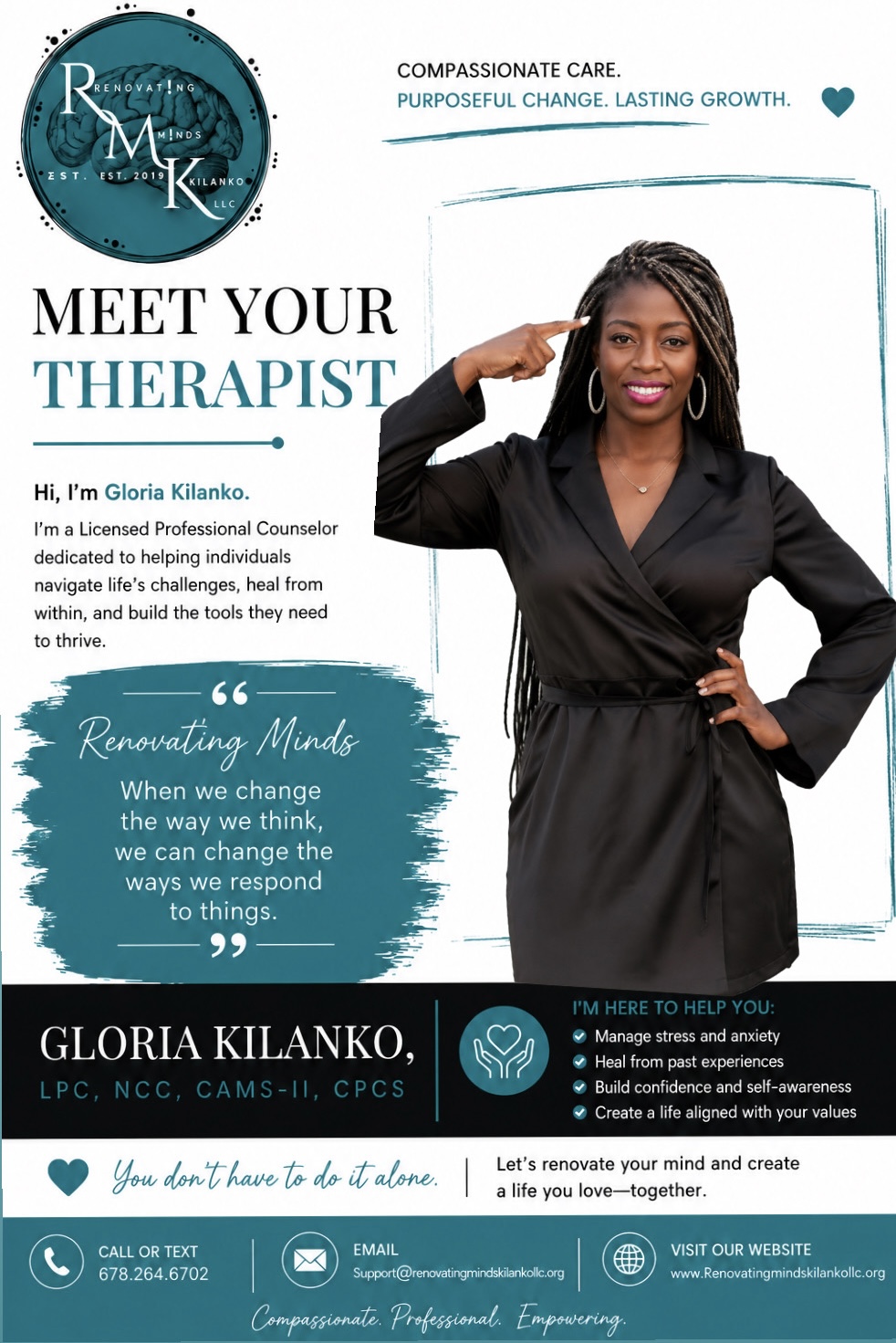 Woman in black blazer smiling, pointing to her head, standing next to a flyer about therapy and mental health.