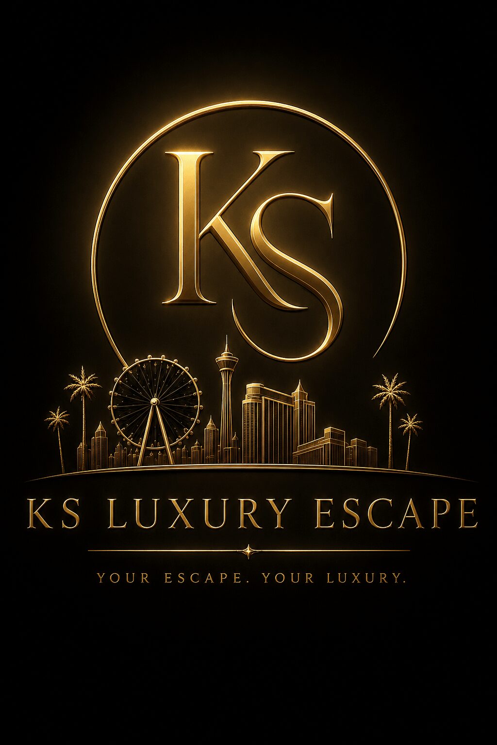 Gold logo with initials 'KS' inside a circle, city skyline, Ferris wheel, and stars, with text 'KS Luxury Escape' and slogan.