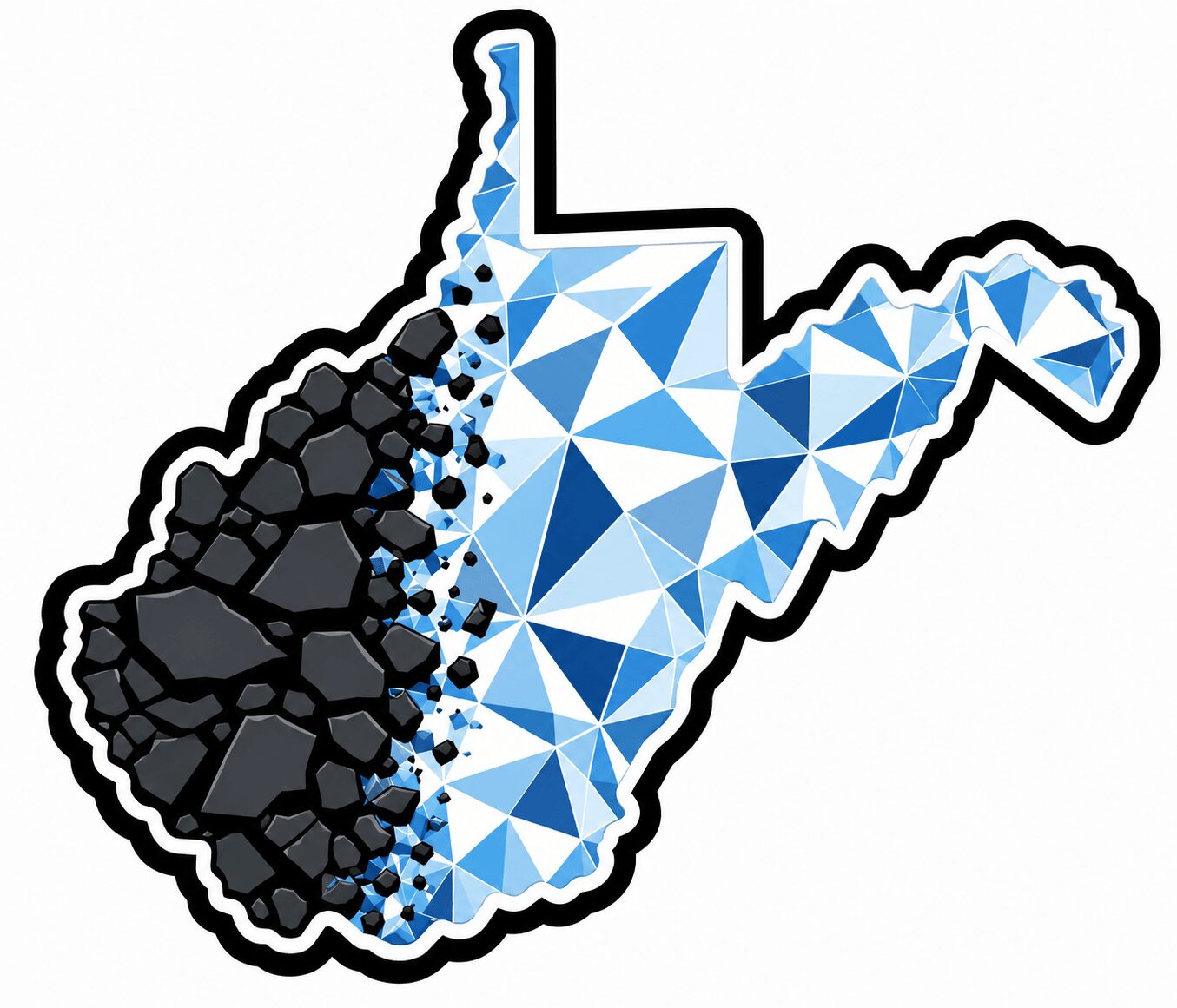 Stylized map of West Virginia with black rocks on the left and blue geometric patterns on the right.