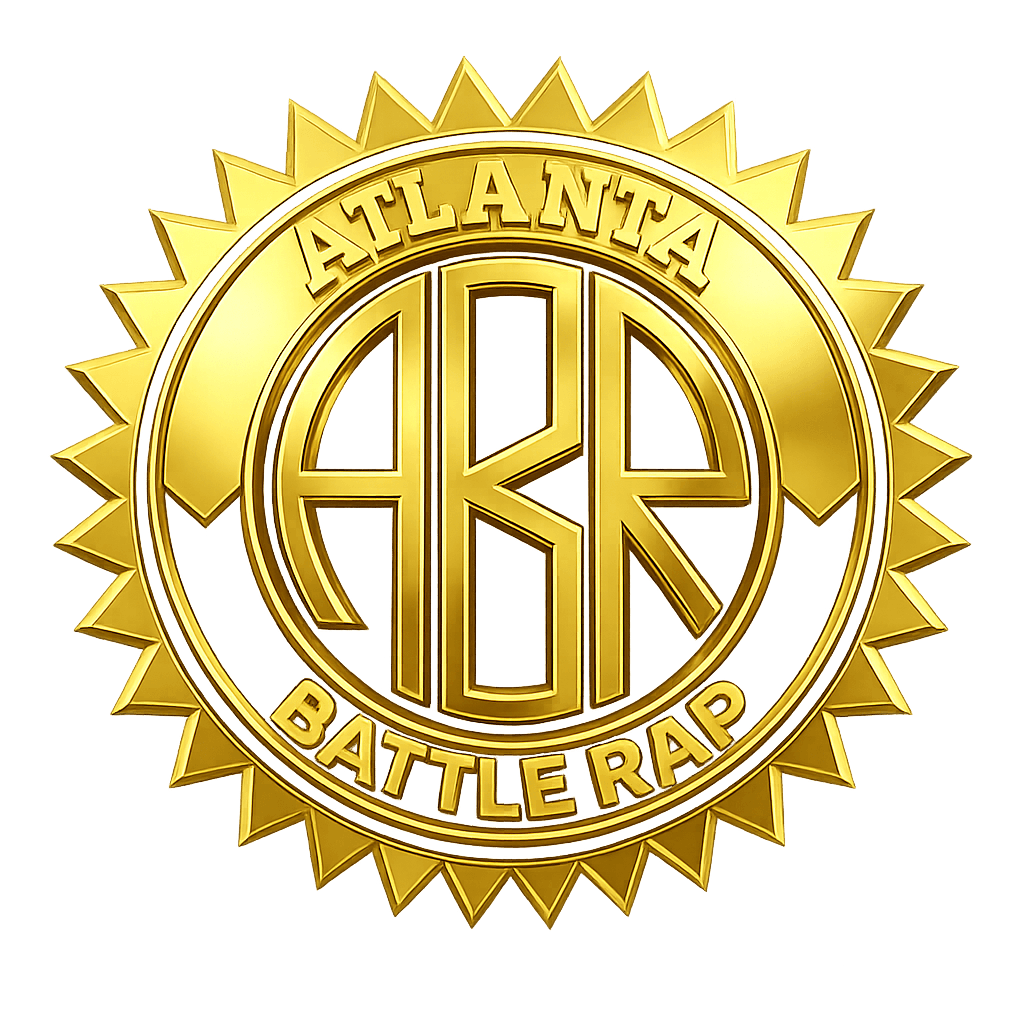 Gold circular emblem with 'ATLANTA BATTLE RAP' and 'ABR' in the center, on a black background.