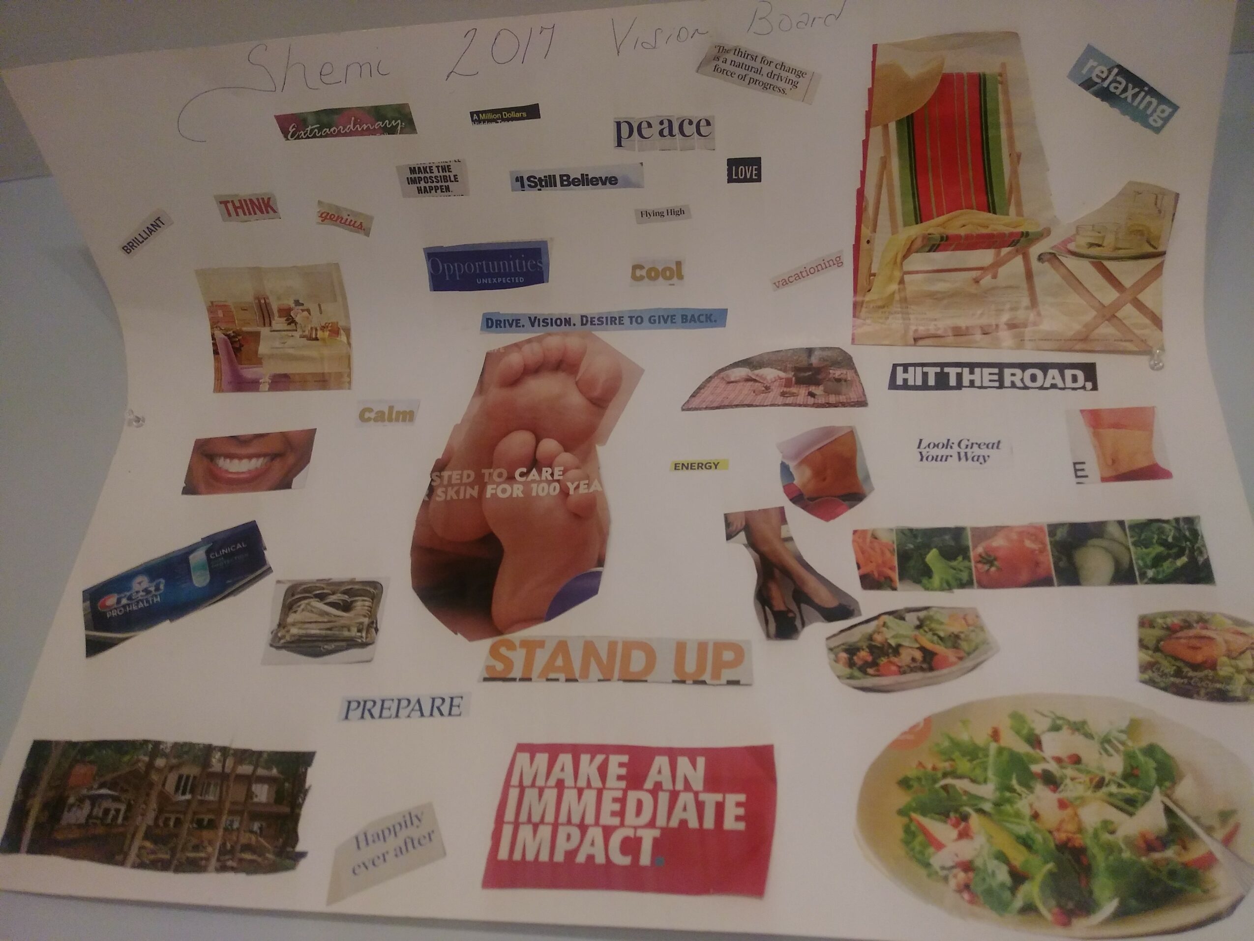 Collage with images, text, and a hand holding a fist, including a chair, food, and a red sign, on a white background.