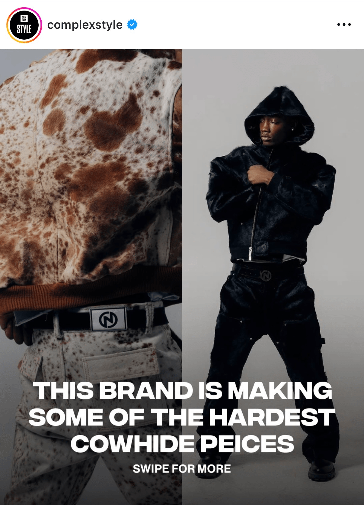 Close-up of cowhide with brown and white patches, and a person in black clothing with a hood, arms crossed, against a gray background.