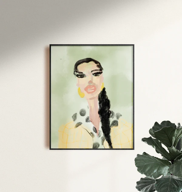 Watercolor-style portrait of a woman with dark hair, yellow earrings, and a patterned top, against a light background.