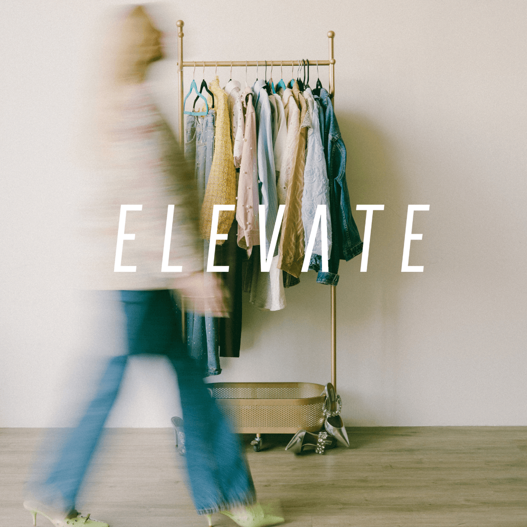 Person walking past a clothing rack with various garments, with the word 'ELEVATE' overlaid.