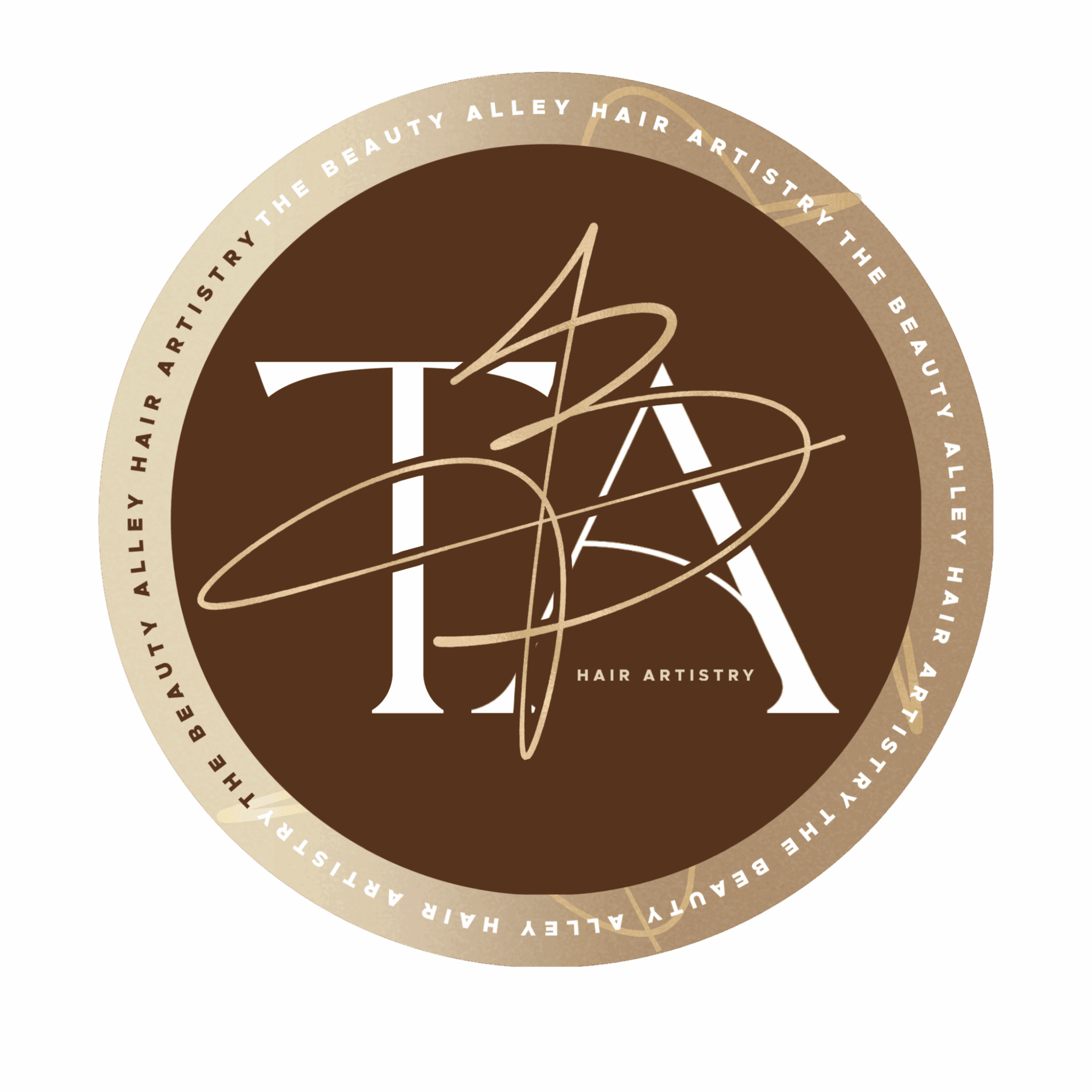 Circular logo with brown background, white text, and a signature-style overlay, featuring the words 'Hair Artistry' and a border with repeated text.