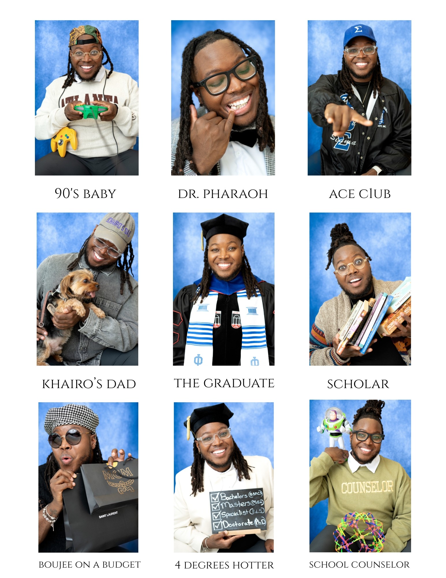 Six people, some holding books or props, pose against a blue background, smiling and making gestures.