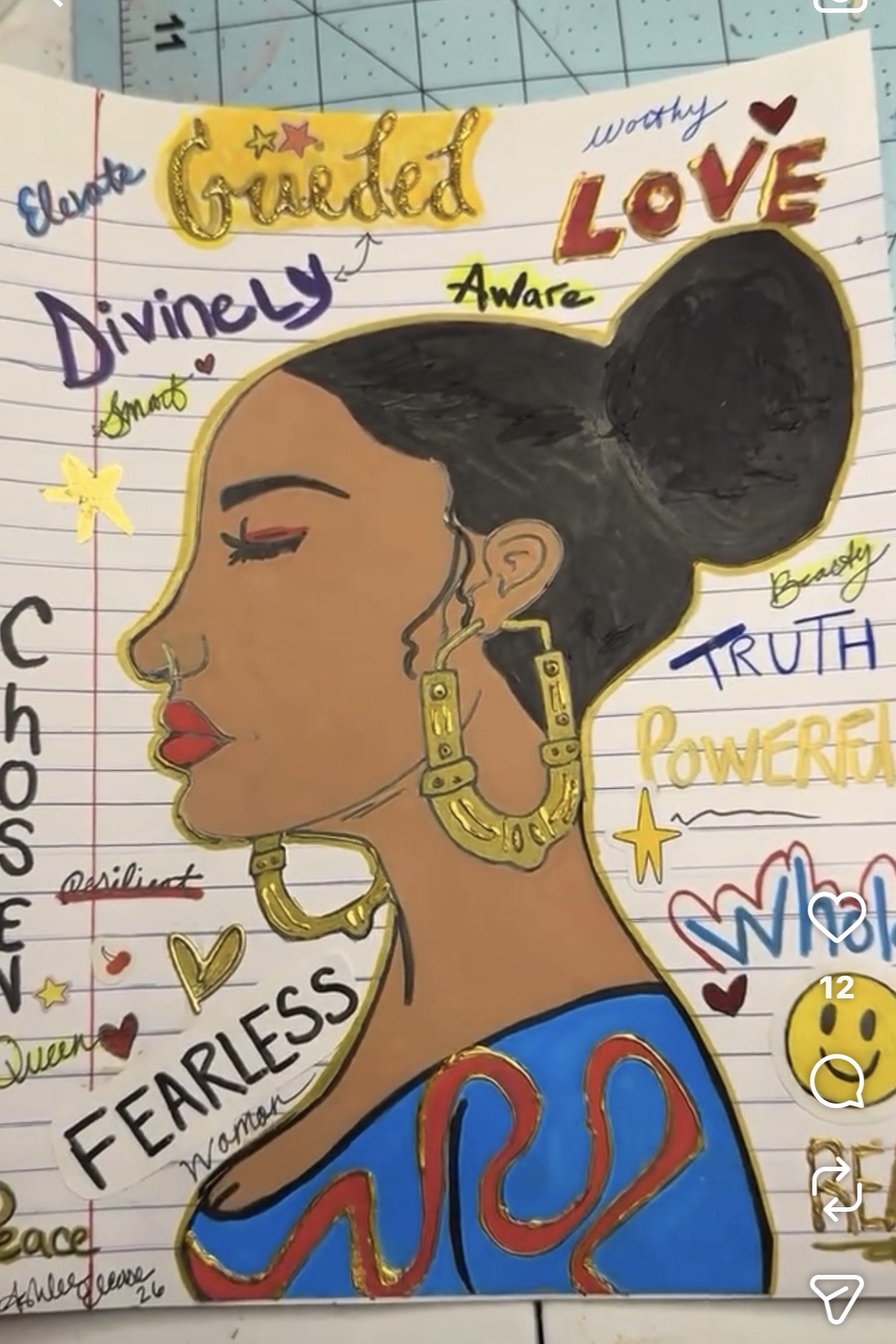 Side profile of a woman with dark hair in a bun, wearing large earrings and a colorful top, surrounded by words and symbols.
