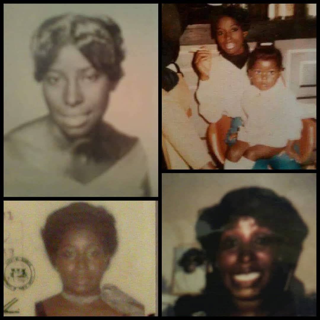Four black-and-white and color photos of women and children, some smiling, some with neutral expressions.