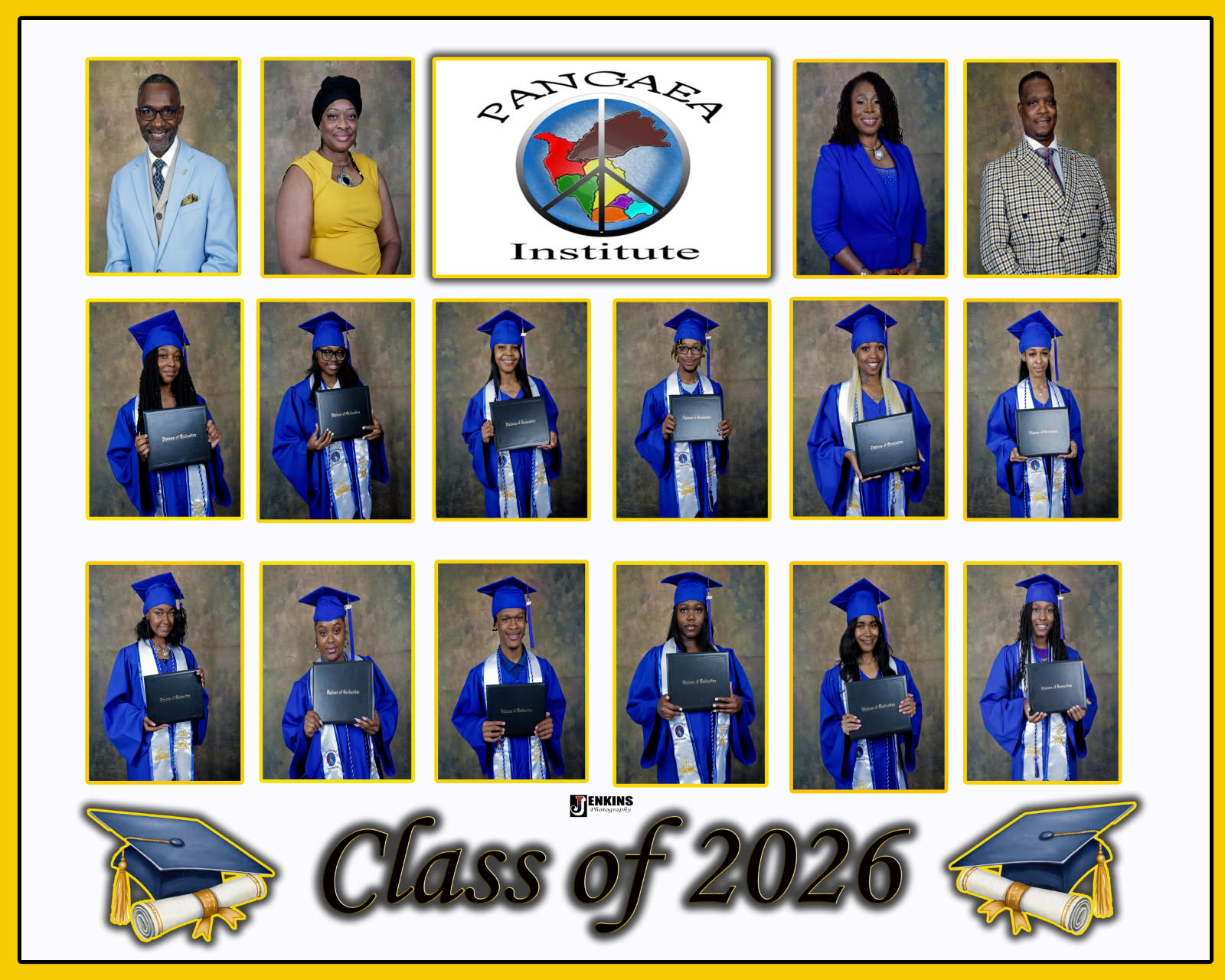 Group of graduates in blue caps and gowns holding diplomas, with five adults above, and a logo and text below.