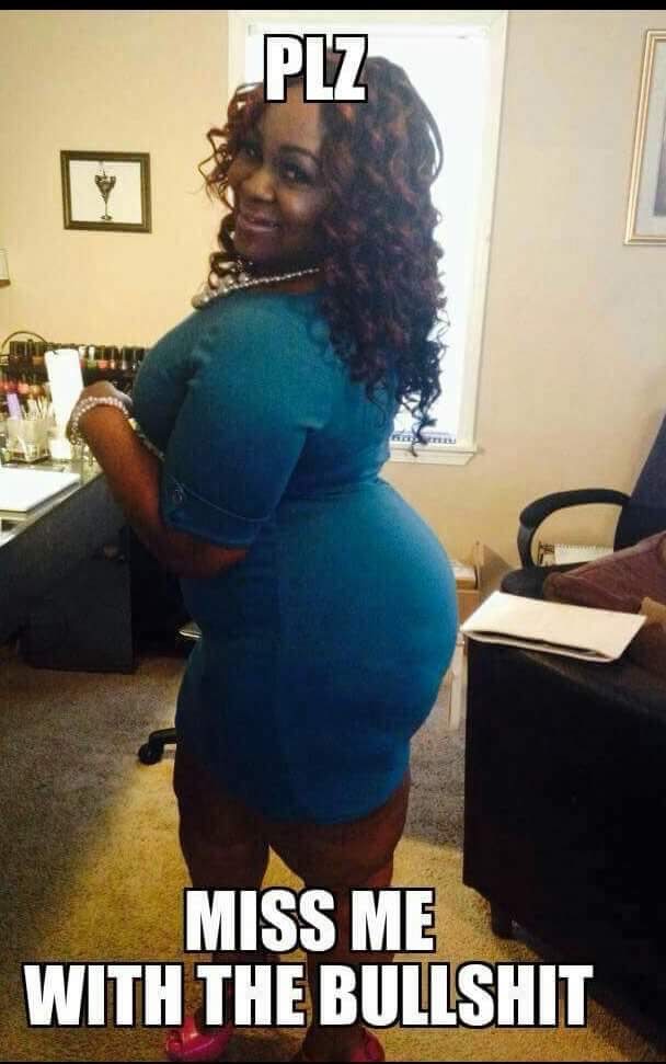 Woman in a blue dress smiling in a room with a desk and chair, text overlay says 'PLZ MISS ME WITH THE BULLSHIT'.