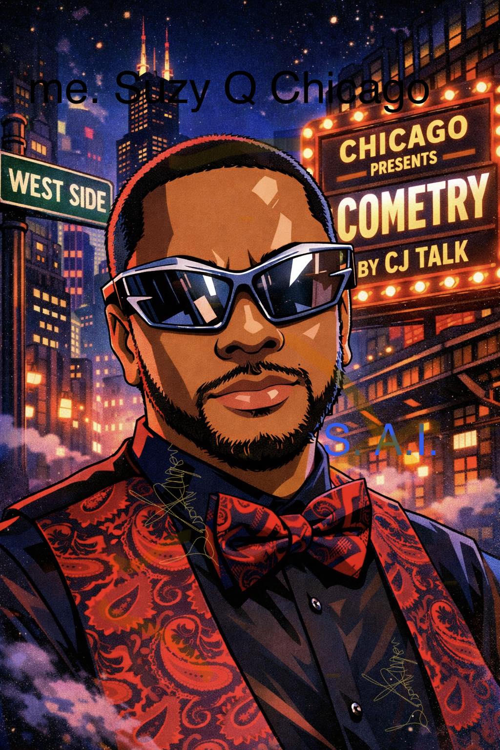 Illustration of a man wearing sunglasses, a patterned vest, and a bow tie, with city lights and a comedy show sign in the background.