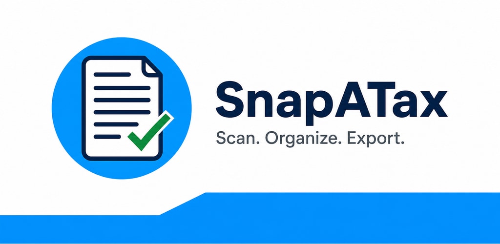 Logo with document icon, blue circle, green checkmark, and text 'SnapATax' with tagline 'Scan. Organize. Export.'