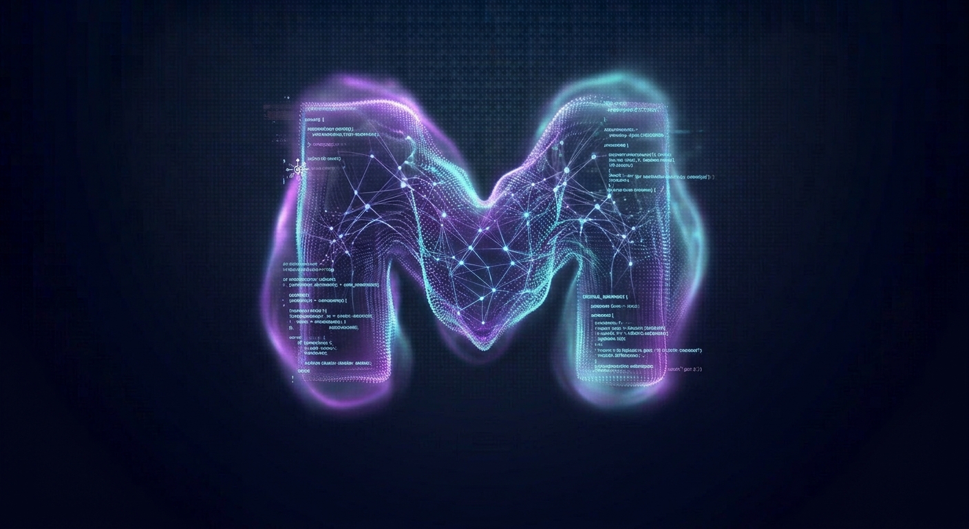 Digital neon letter M with interconnected lines and data points, glowing in purple and blue hues, on a dark background.