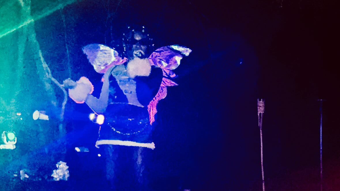 Person on stage with butterfly-shaped costume, colorful lighting, and a microphone stand nearby.