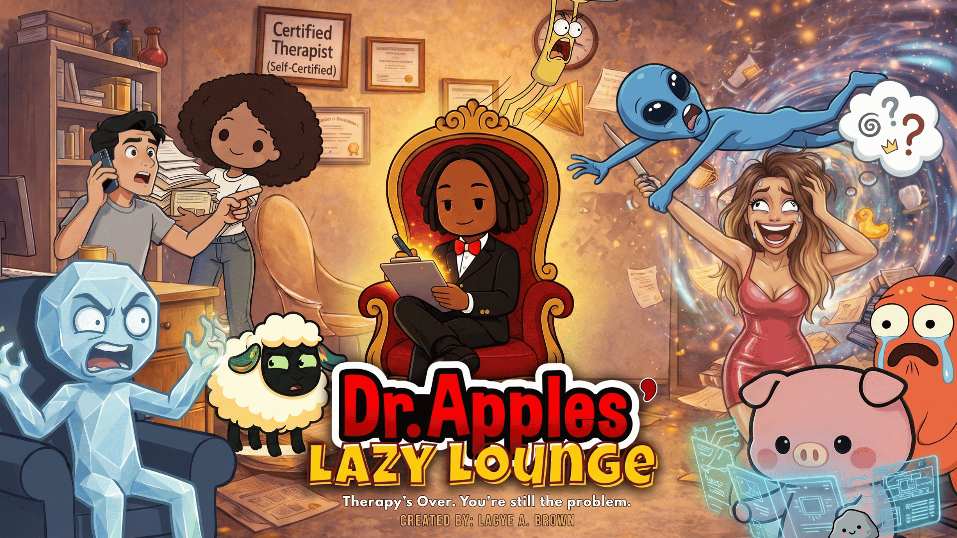 Group of animated characters in a cozy lounge, some talking, reading, and engaging with each other, with colorful background and decorations.