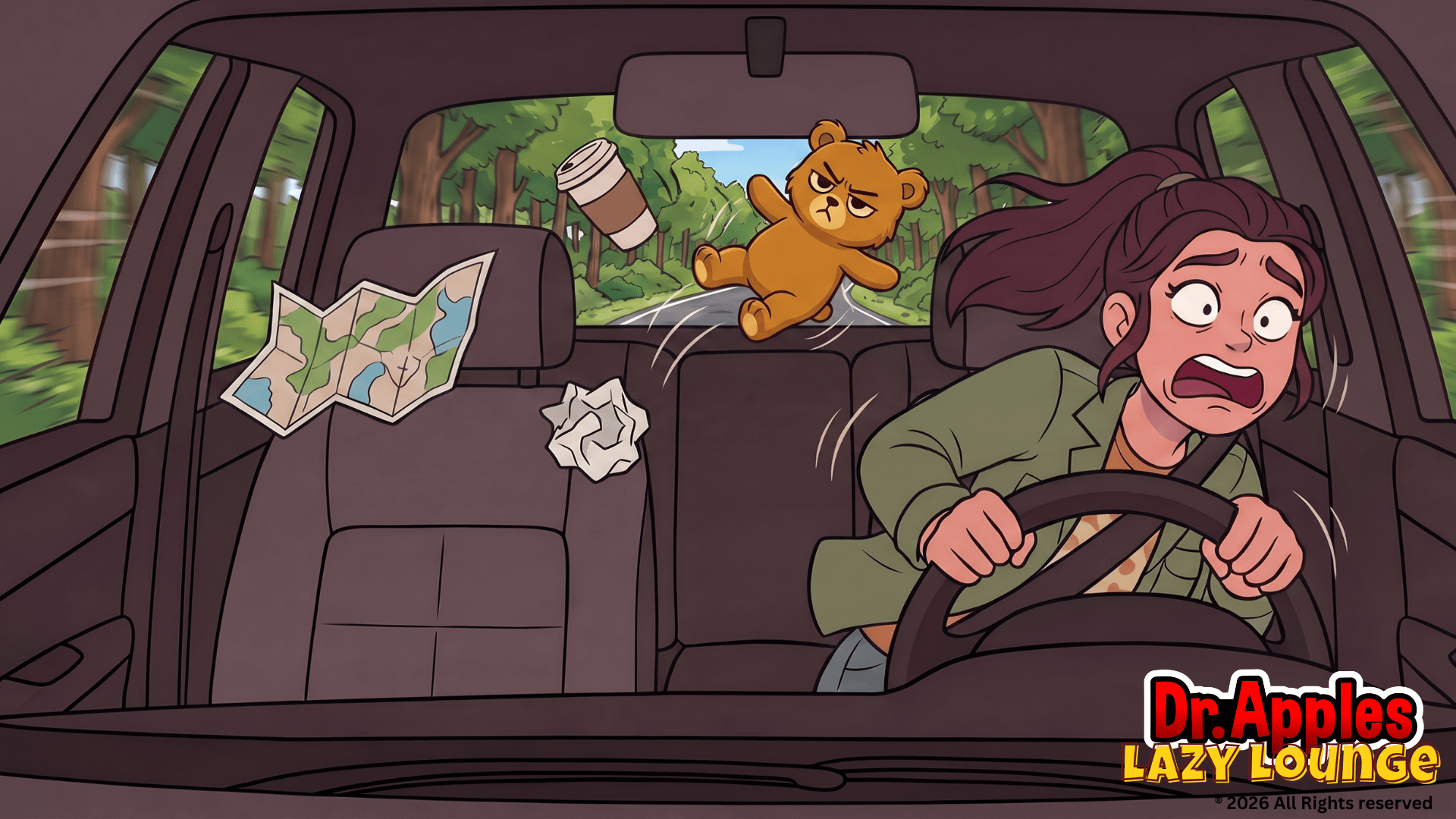 Woman driving car with a bear cub in the back seat, holding a crumpled paper, in a forest setting.
