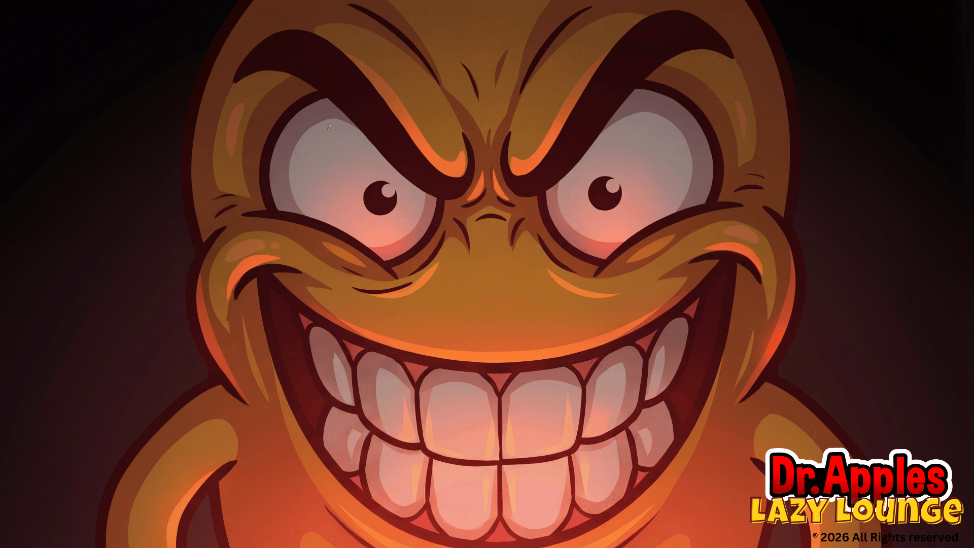 A cartoonish, mischievous-looking character with a wide, toothy grin and intense eyes, glowing with an orange hue.