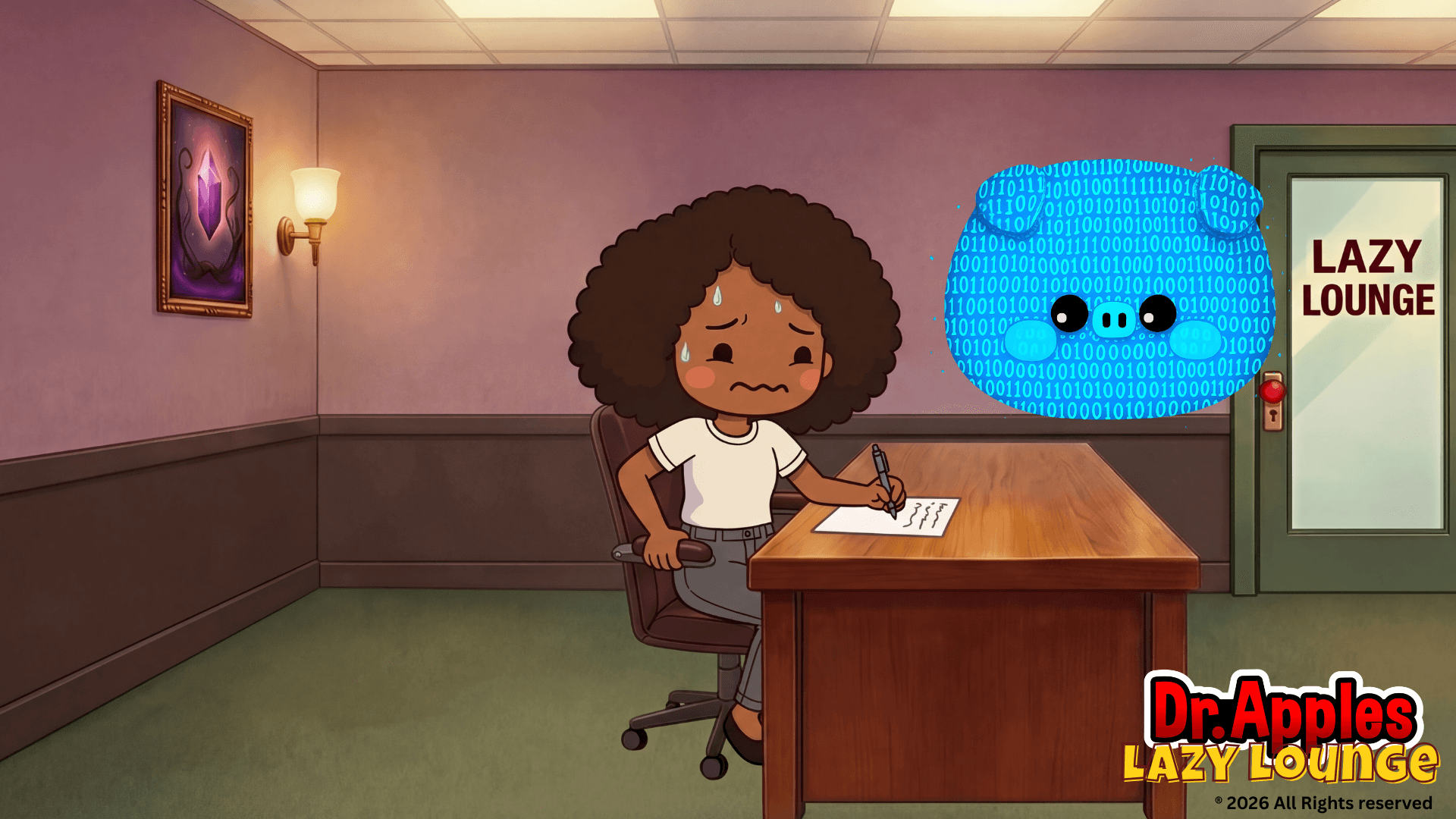 A girl with curly hair sits at a desk writing, with a blue cloud character and a door labeled 'Lazy Lounge' in the background.