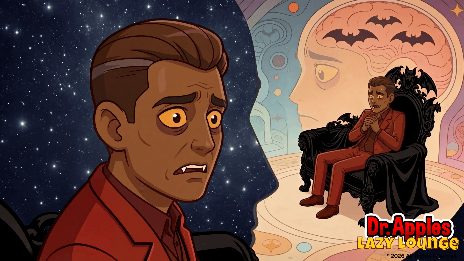 A worried person with a dark background and a scene with a person sitting on a throne with a large moon behind them.