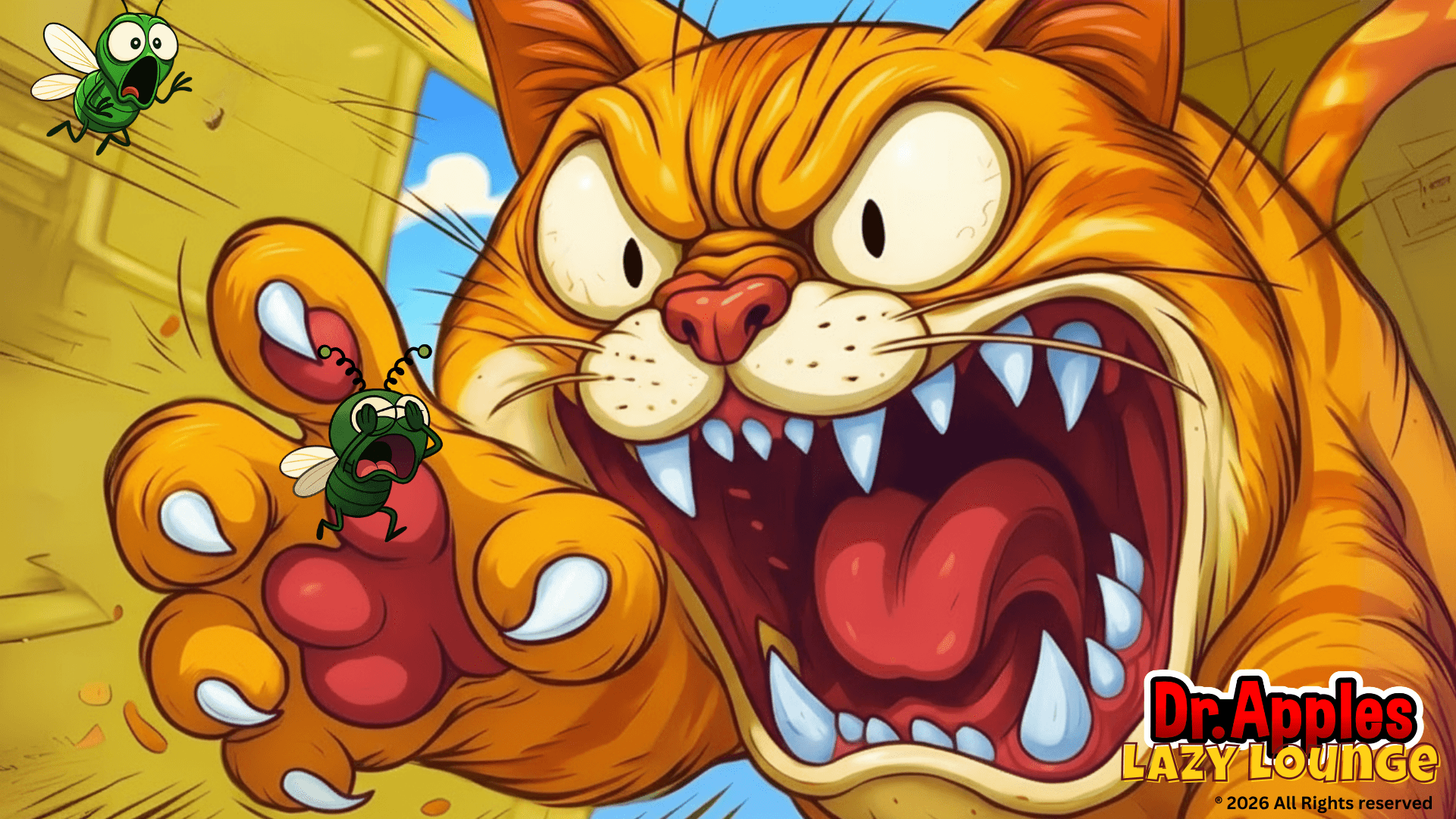 Large angry orange cat with sharp teeth and claws, chasing small green mice with wings, in a cartoon style.
