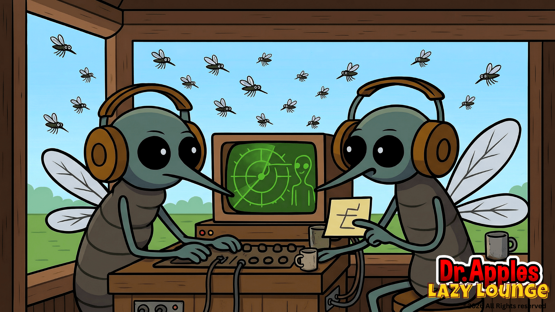 Two cartoon insects with headphones and wings sit at a desk with a radar screen, inside a wooden room with a window showing a blue sky and flying insects.