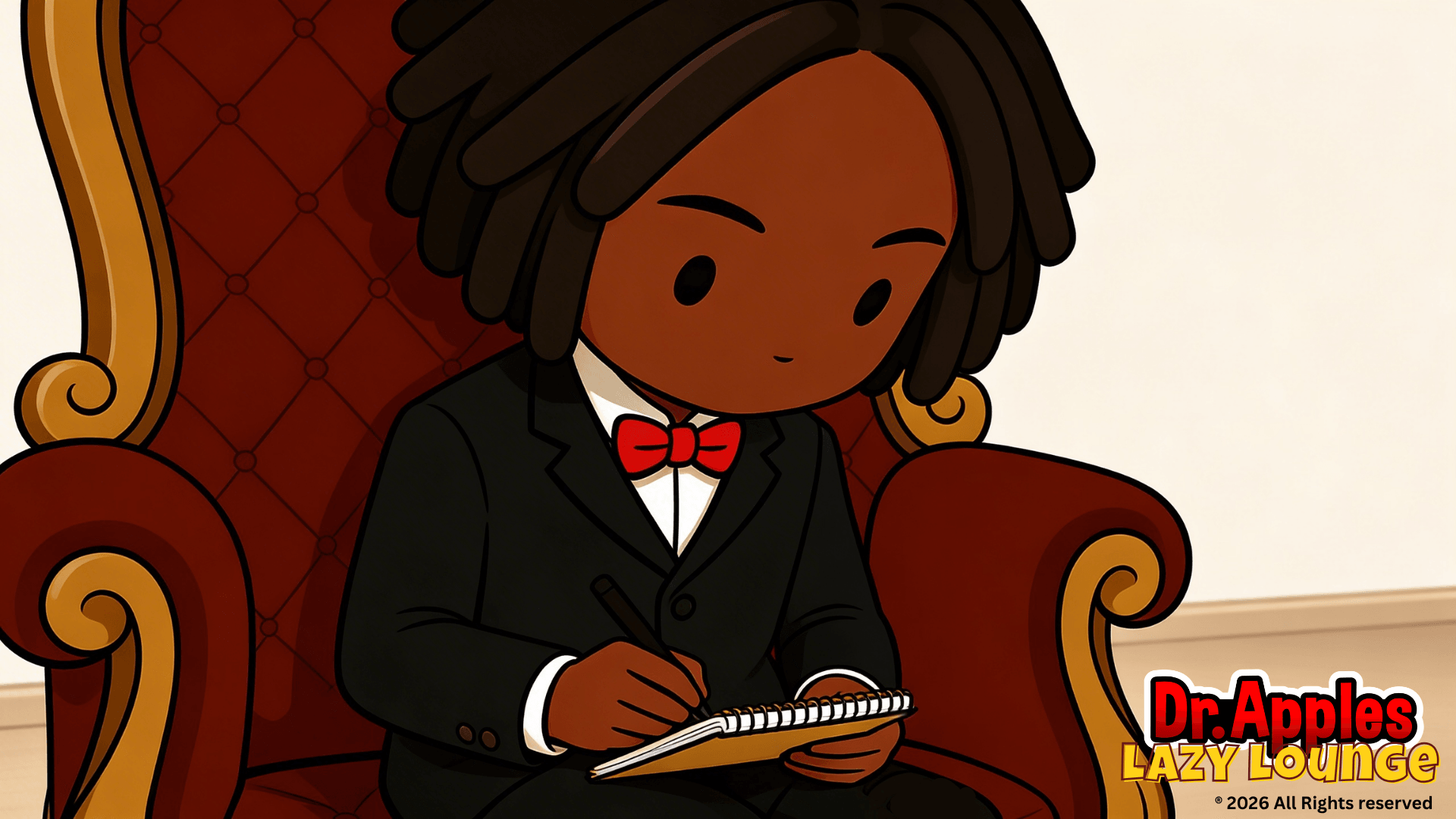 Cartoon person with dreadlocks in a tuxedo sitting on a throne, writing in a notepad, with a logo in the bottom right.