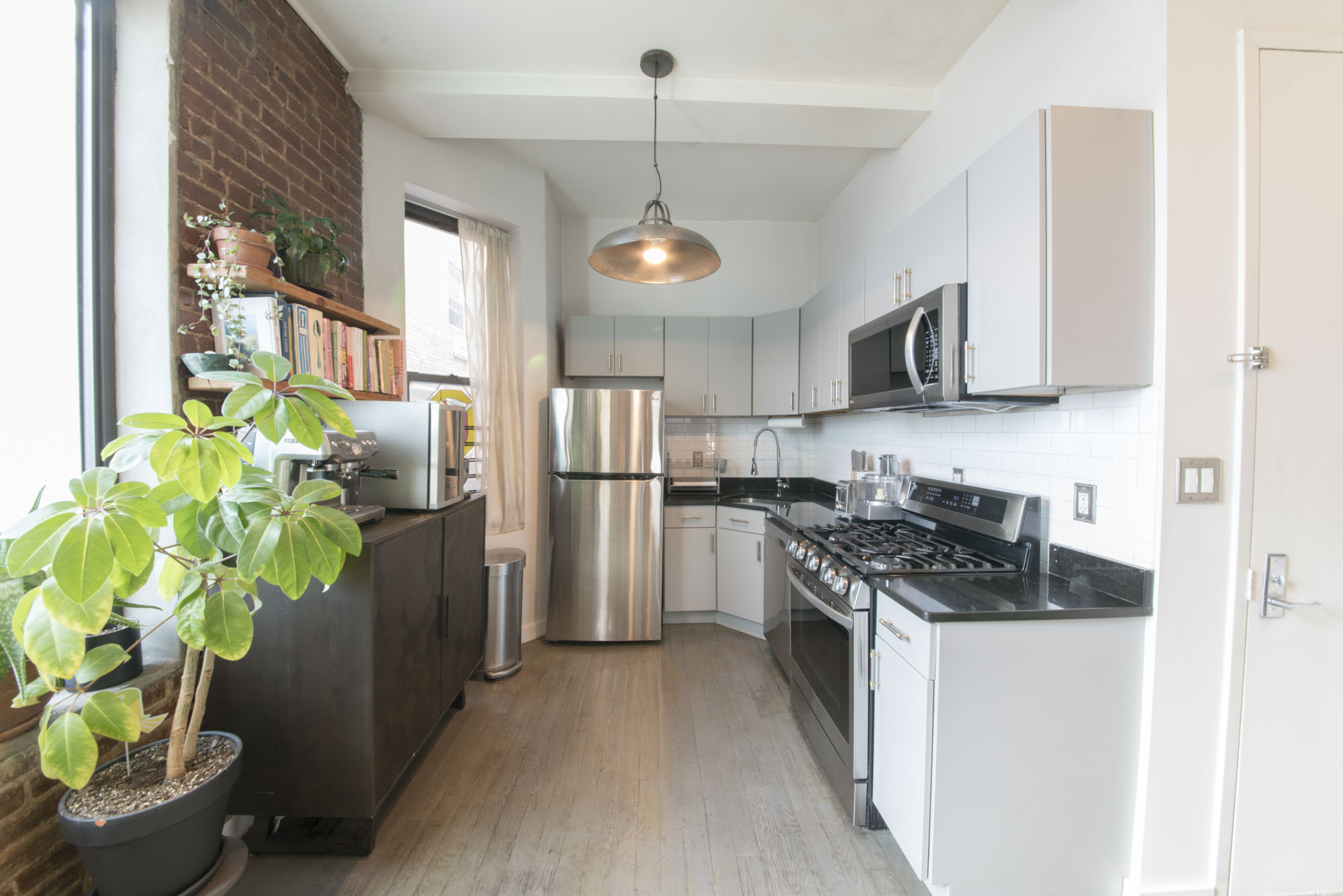 Modern kitchen with white cabinets, black countertops, stainless steel appliances, and a potted plant on a dark cabinet.