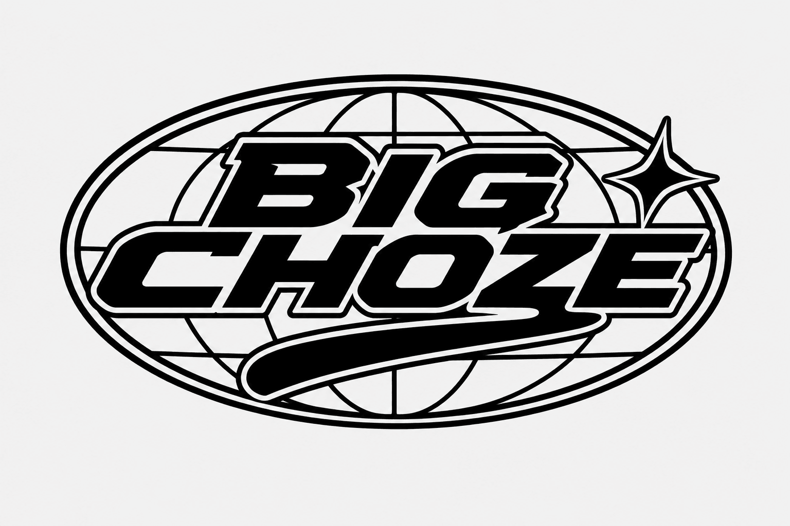 Logo with the words 'BIG CHOZE' inside an oval, featuring a star and a globe outline, in black and white.