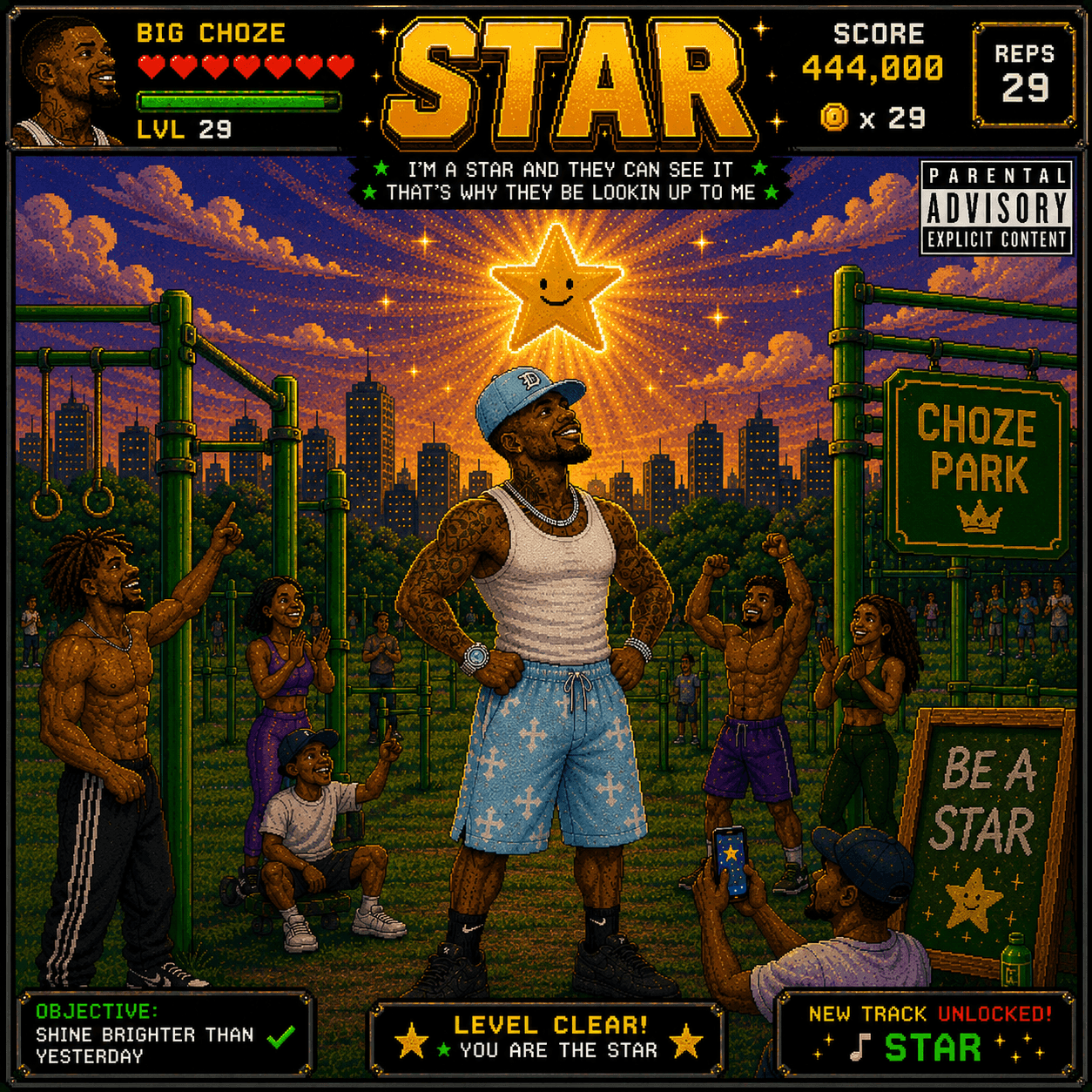 A pixel art scene of a basketball player in a park with people, playground equipment, and a bright smiling sun in the sky.