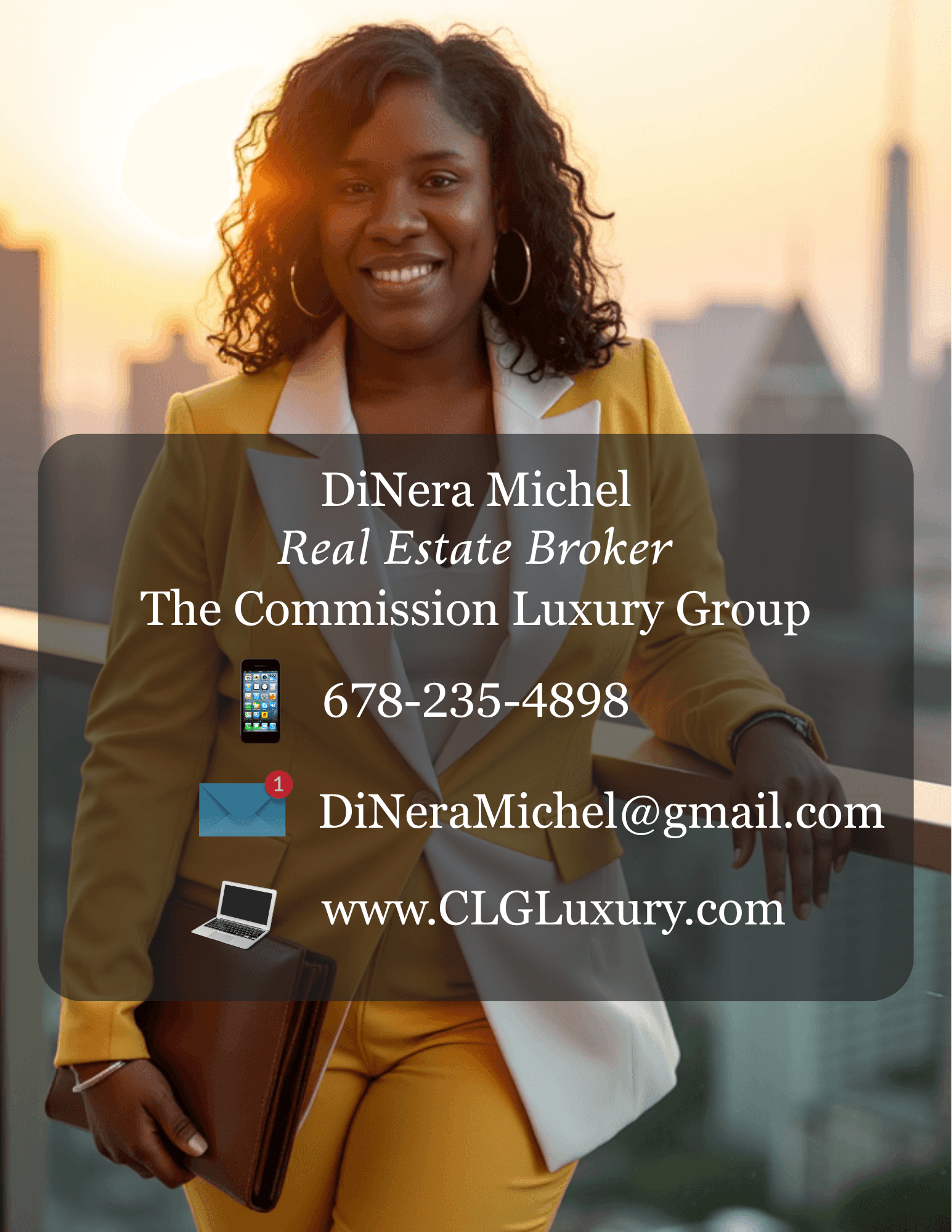 Woman in yellow suit holding a folder, smiling outdoors with city skyline background, contact info overlay.