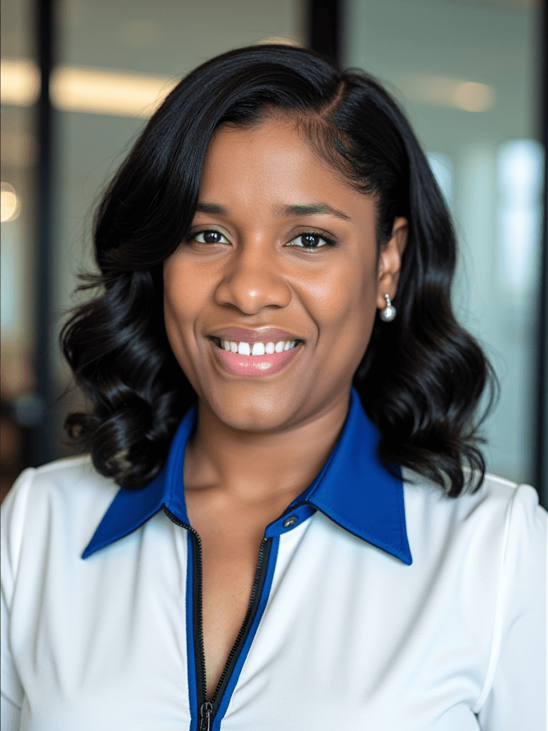 Portrait of a woman with dark, wavy hair smiling, wearing a white and blue collared shirt, in an indoor setting.
