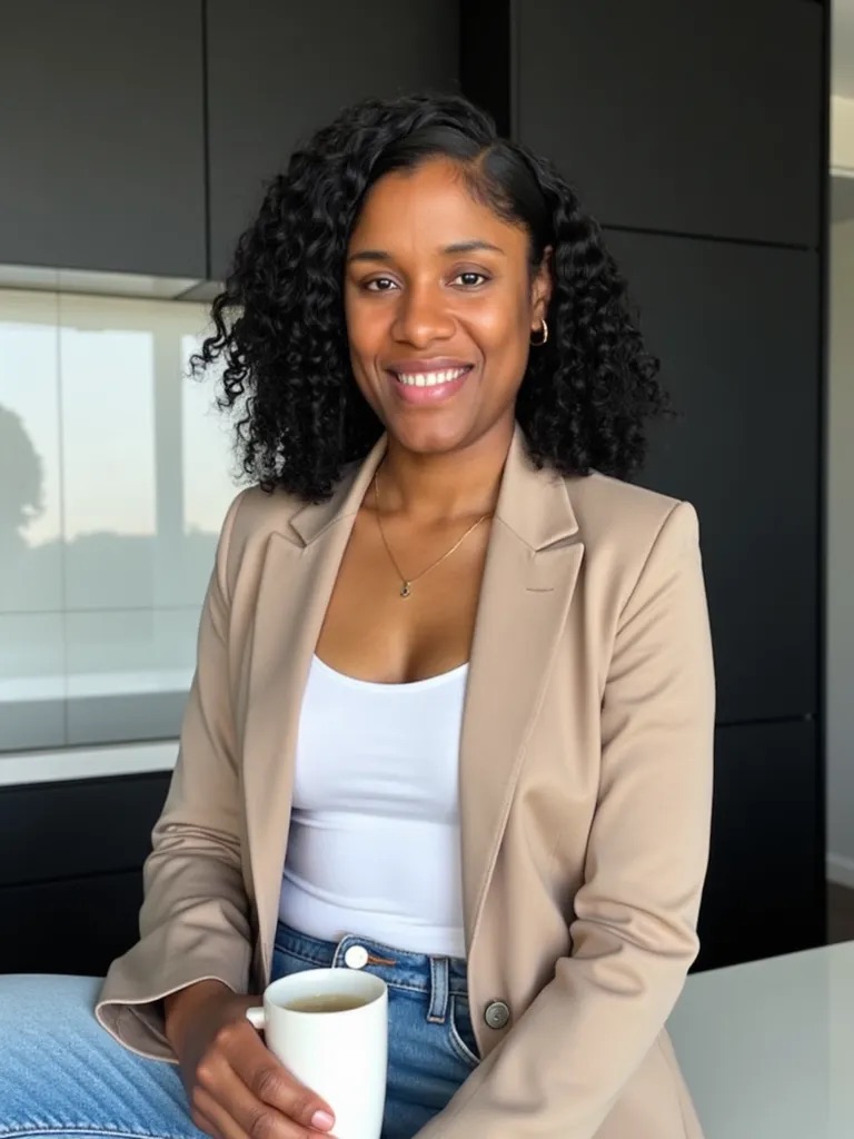 Smiling woman with curly hair in beige blazer holding a white mug, standing indoors near a window.