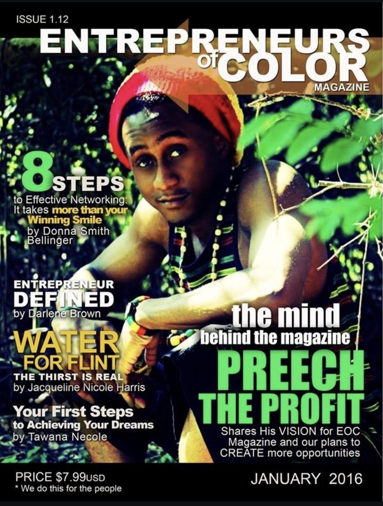 Young woman with colorful headscarf and jewelry, surrounded by green leaves, looking at the camera.