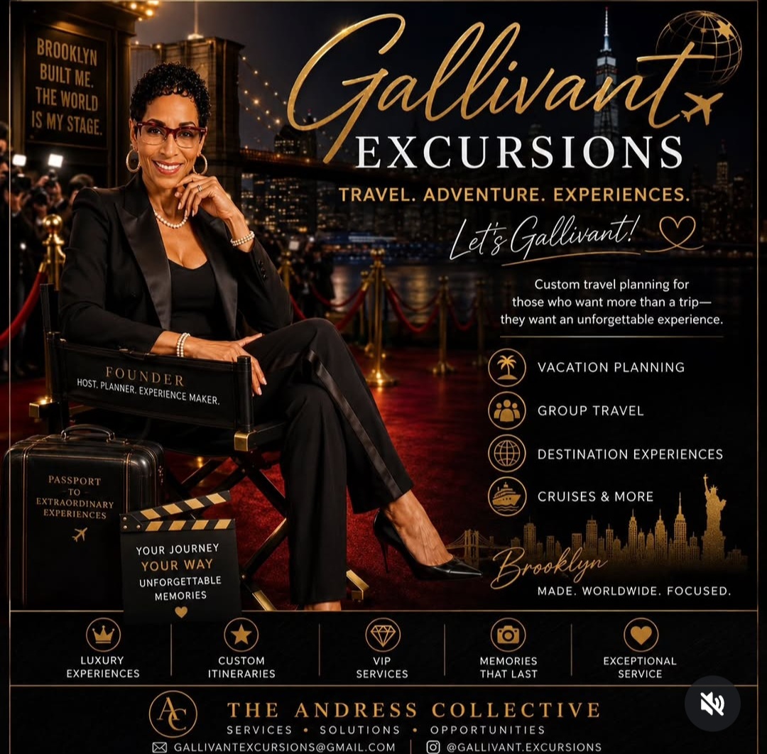 Woman in black suit sitting on a chair with city skyline background, smiling, holding glasses, promotional banner for Gallivant Excursions.