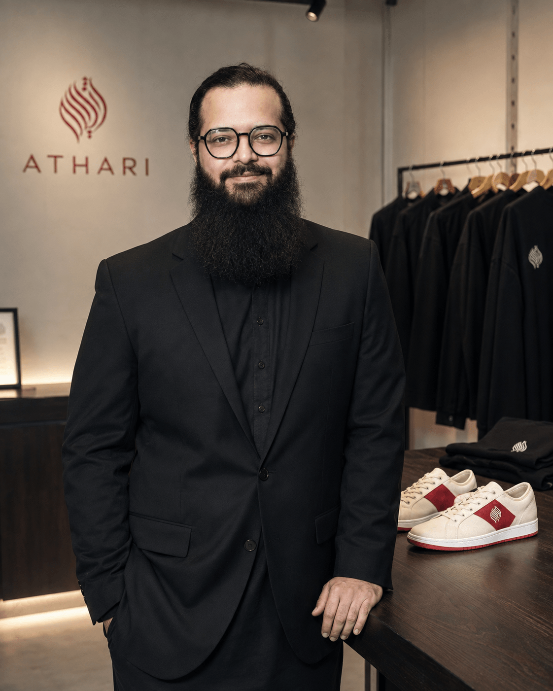 Man with glasses and a beard in a black suit standing indoors, with clothing and shoes in the background.