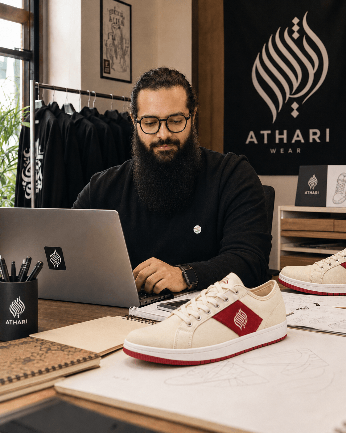 Man with glasses and a beard working on a laptop at a desk with a white sneaker in front, in a store setting.