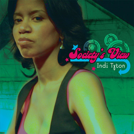 Close-up of a woman with short dark hair, wearing a sleeveless top, with text overlay reading 'Society's View' and 'Indi Txton'.